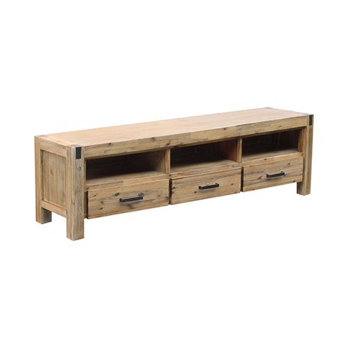 TV Cabinet with 3 Storage Drawers with Shelf Solid Acacia Wooden Frame Entertainment Unit in Oak Colour - Cosy Abode