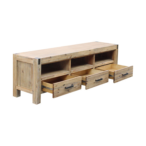 TV Cabinet with 3 Storage Drawers with Shelf Solid Acacia Wooden Frame Entertainment Unit in Oak Colour - Cosy Abode