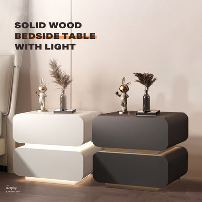 White Solid Wood Bedside Table Side Table 2 Drawer Intelligent Induction Light Nightstand Cabinet - Cosy Abode
