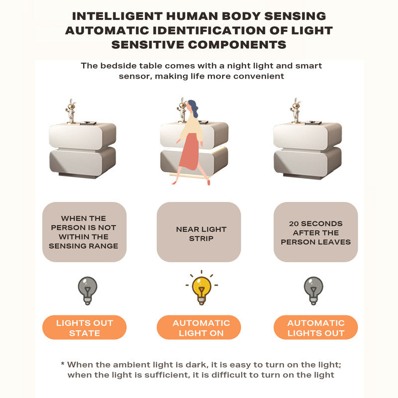 White Solid Wood Bedside Table Side Table 2 Drawer Intelligent Induction Light Nightstand Cabinet - Cosy Abode