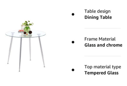 Glass Round Kitchen Table with Chrome Legs - 80 cm diameter - Cosy Abode