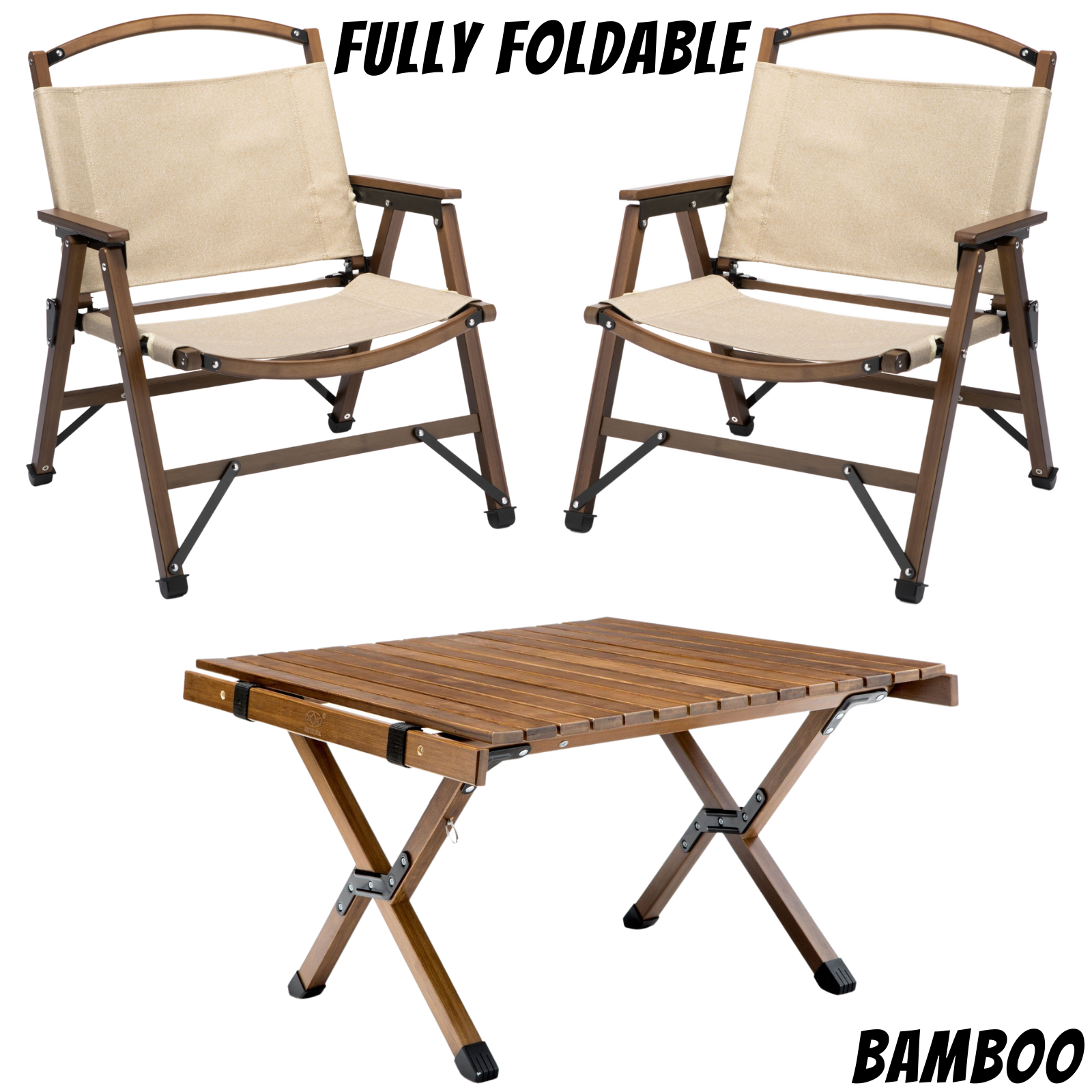 Bamboo Foldable Camping Table + 2 Chairs Waterproof Wood Wooden Travel Set Kit - Cosy Abode