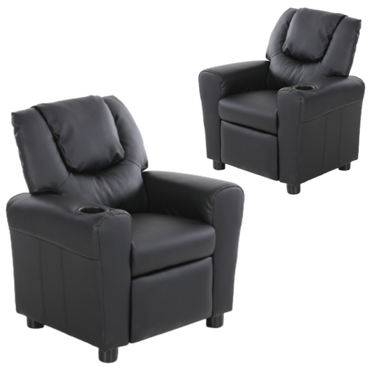 Set of 2 Oliver Kids Recliner Chair Sofa Children Lounge Couch PU Armchair Black - Cosy Abode