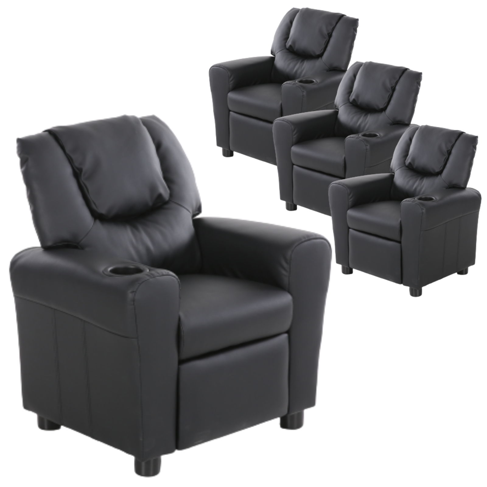 Set of 4 Oliver Kids Recliner Chair Sofa Children Lounge Couch PU Armchair Black - Cosy Abode