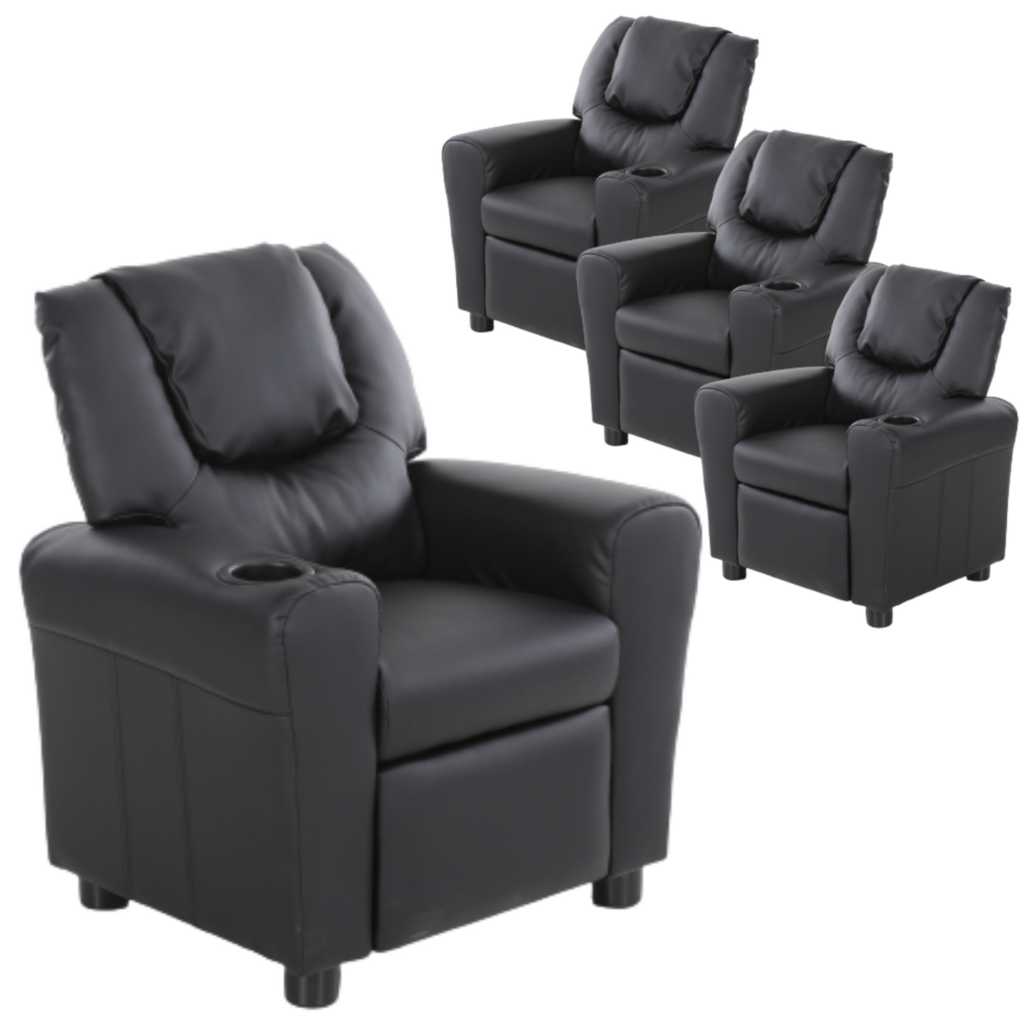 Set of 4 Oliver Kids Recliner Chair Sofa Children Lounge Couch PU Armchair Black - Cosy Abode