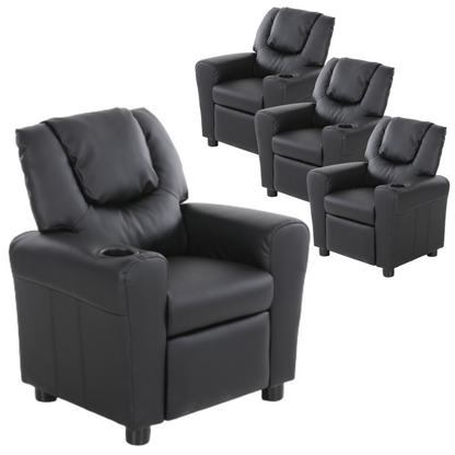 Set of 4 Oliver Kids Recliner Chair Sofa Children Lounge Couch PU Armchair Black - Cosy Abode