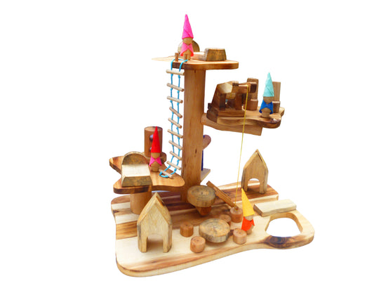 Gnome House with 4 wooden figures and assorted wood furniture. - Cosy Abode