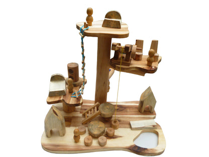 Gnome House with 4 wooden figures and assorted wood furniture. - Cosy Abode