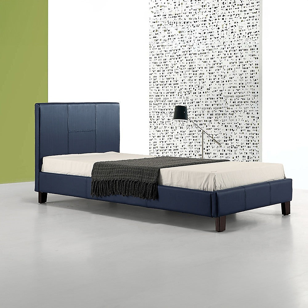 Single PU Leather Bed Frame Blue - Cosy Abode