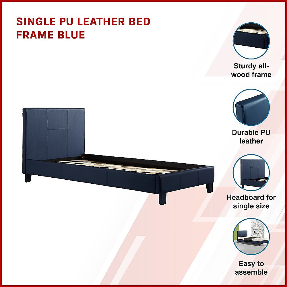 Single PU Leather Bed Frame Blue - Cosy Abode
