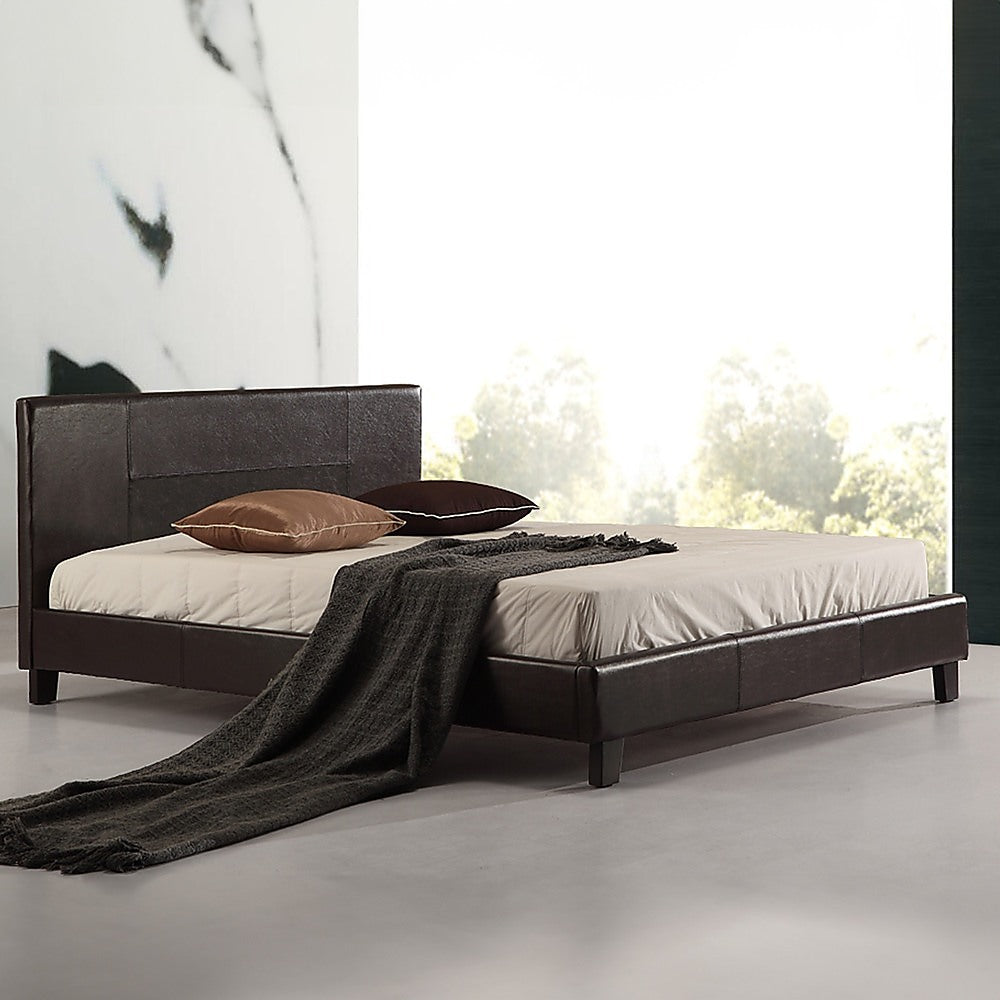 Queen PU Leather Bed Frame Brown - Cosy Abode