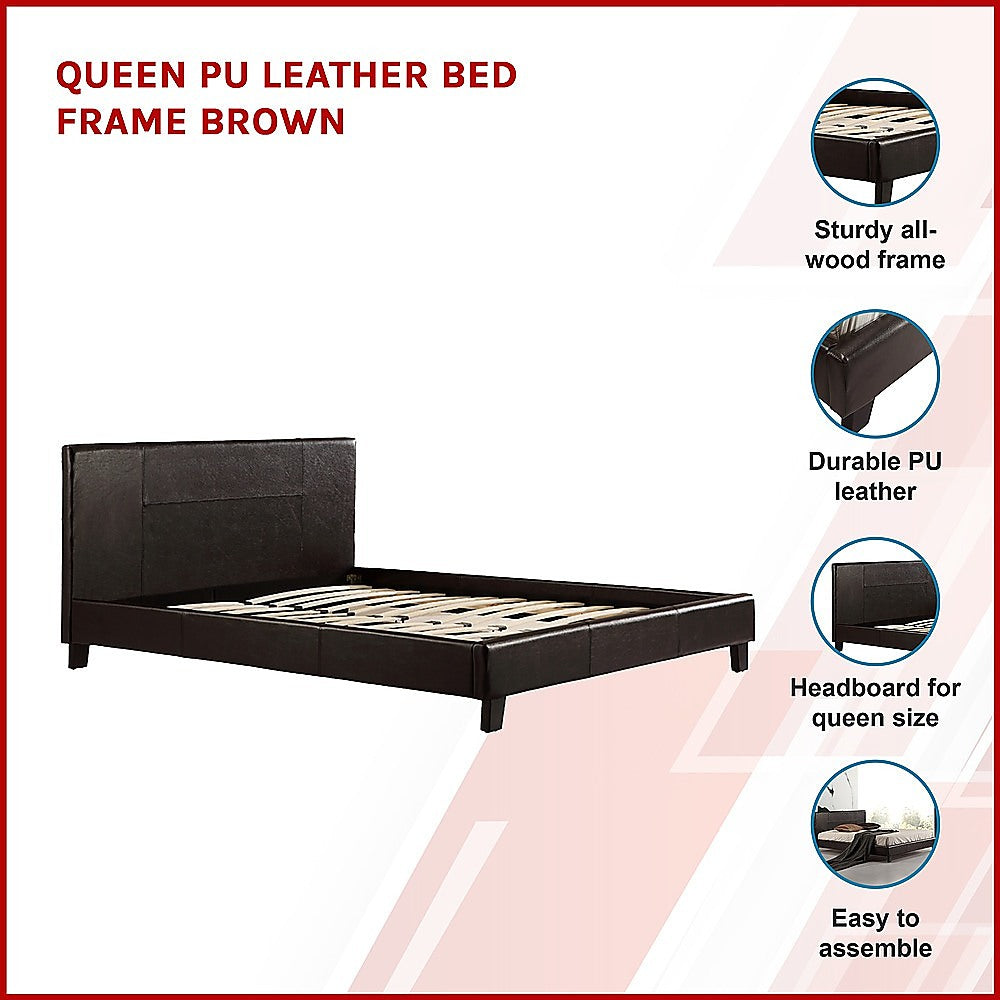 Queen PU Leather Bed Frame Brown - Cosy Abode