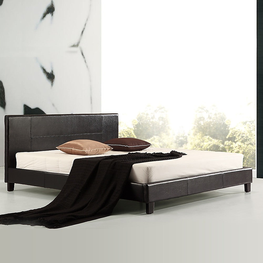 King PU Leather Bed Frame Brown - Cosy Abode