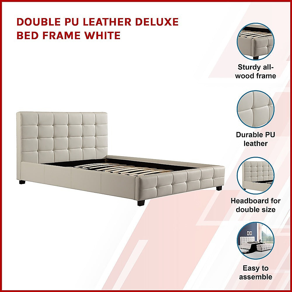 Double PU Leather Deluxe Bed Frame White - Cosy Abode