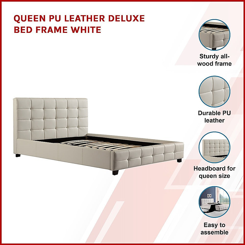 Queen PU Leather Deluxe Bed Frame White - Cosy Abode