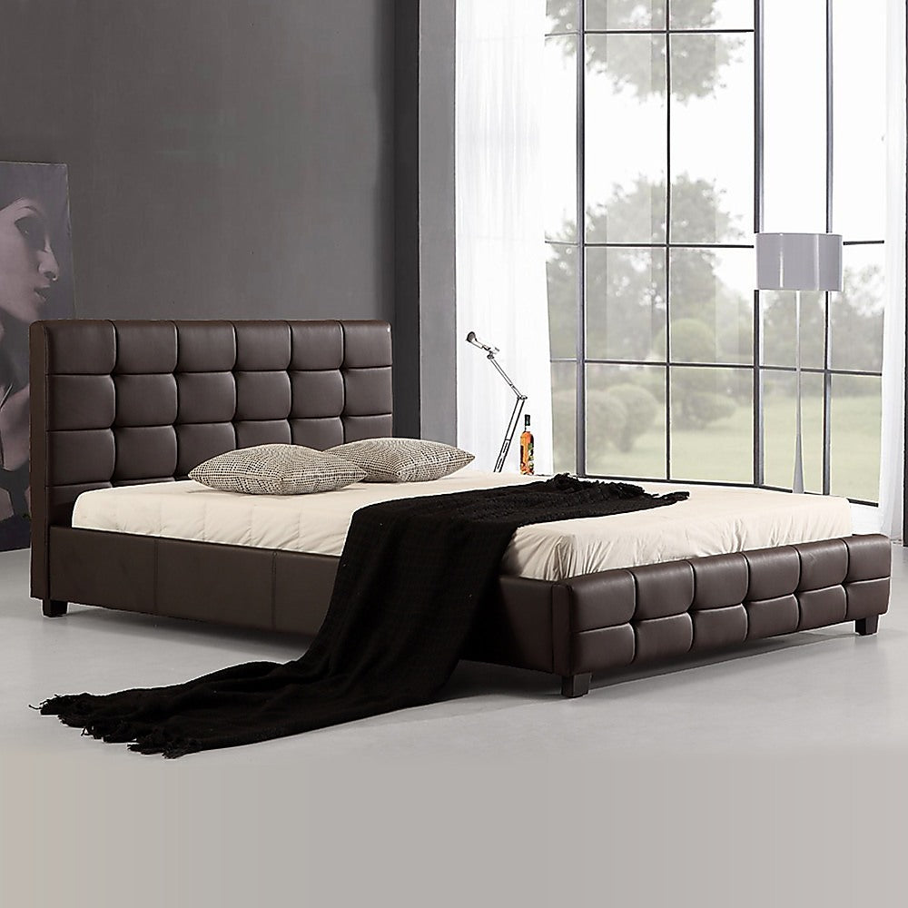 Queen PU Leather Deluxe Bed Frame Brown - Cosy Abode