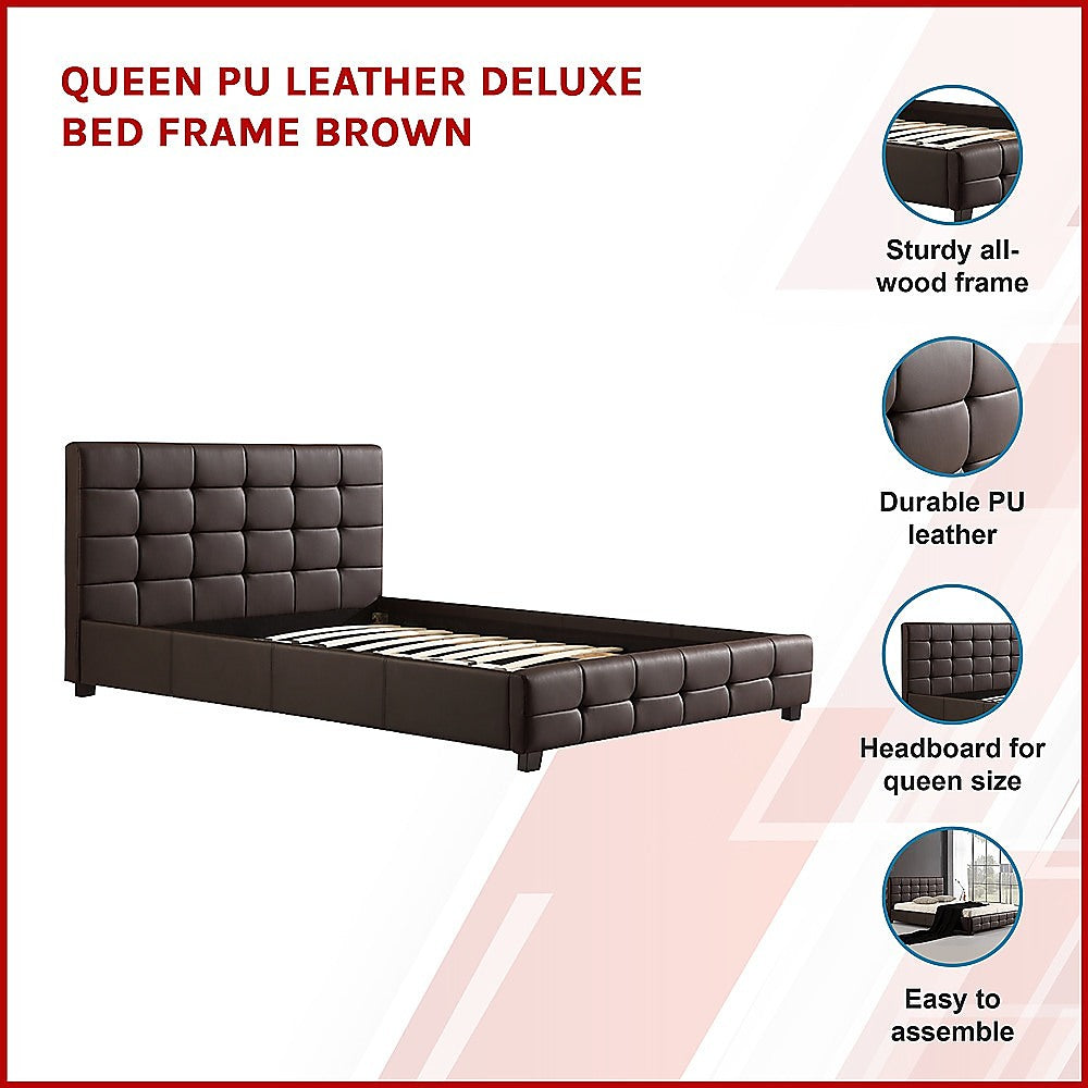 Queen PU Leather Deluxe Bed Frame Brown - Cosy Abode