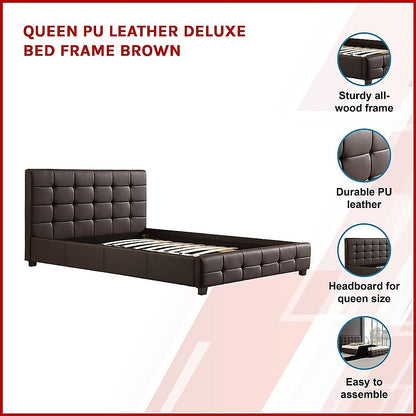 Queen PU Leather Deluxe Bed Frame Brown - Cosy Abode