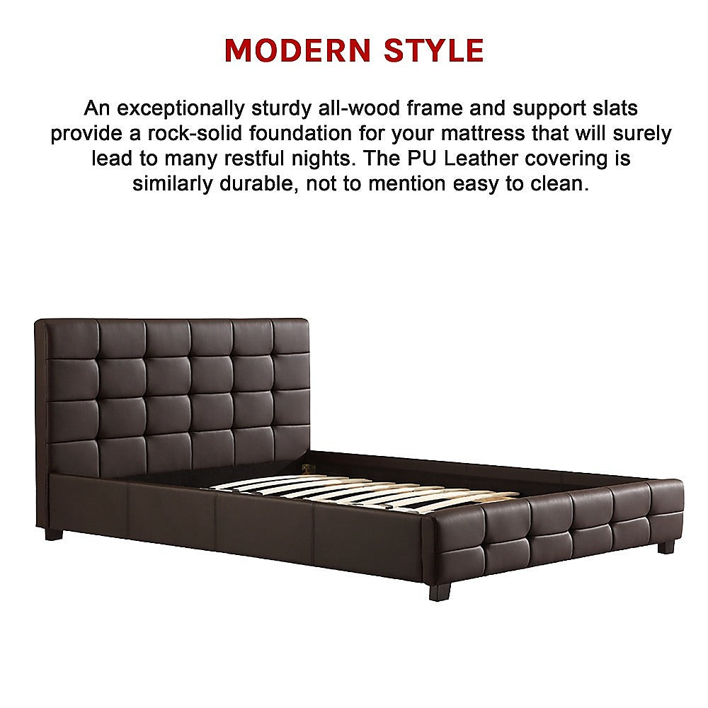 Queen PU Leather Deluxe Bed Frame Brown - Cosy Abode