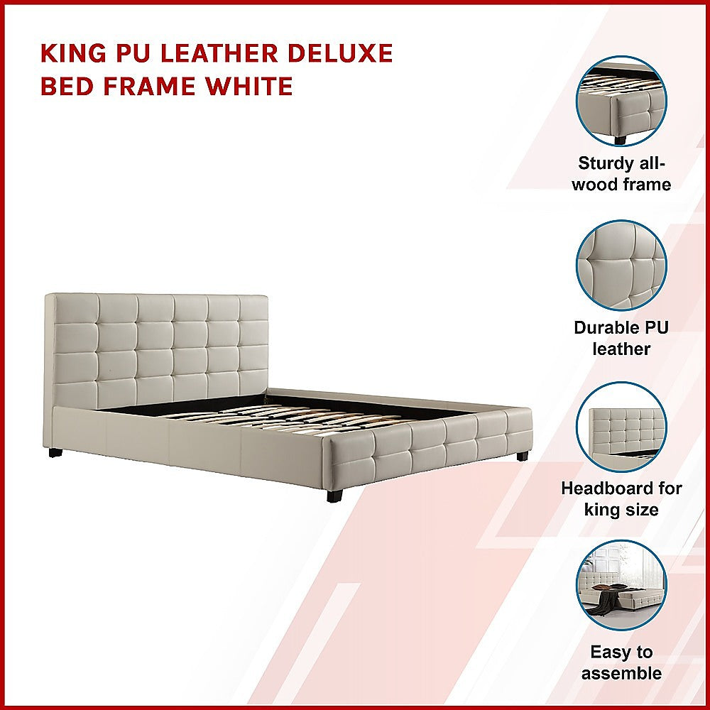 King PU Leather Deluxe Bed Frame White - Cosy Abode