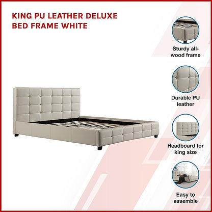 King PU Leather Deluxe Bed Frame White - Cosy Abode