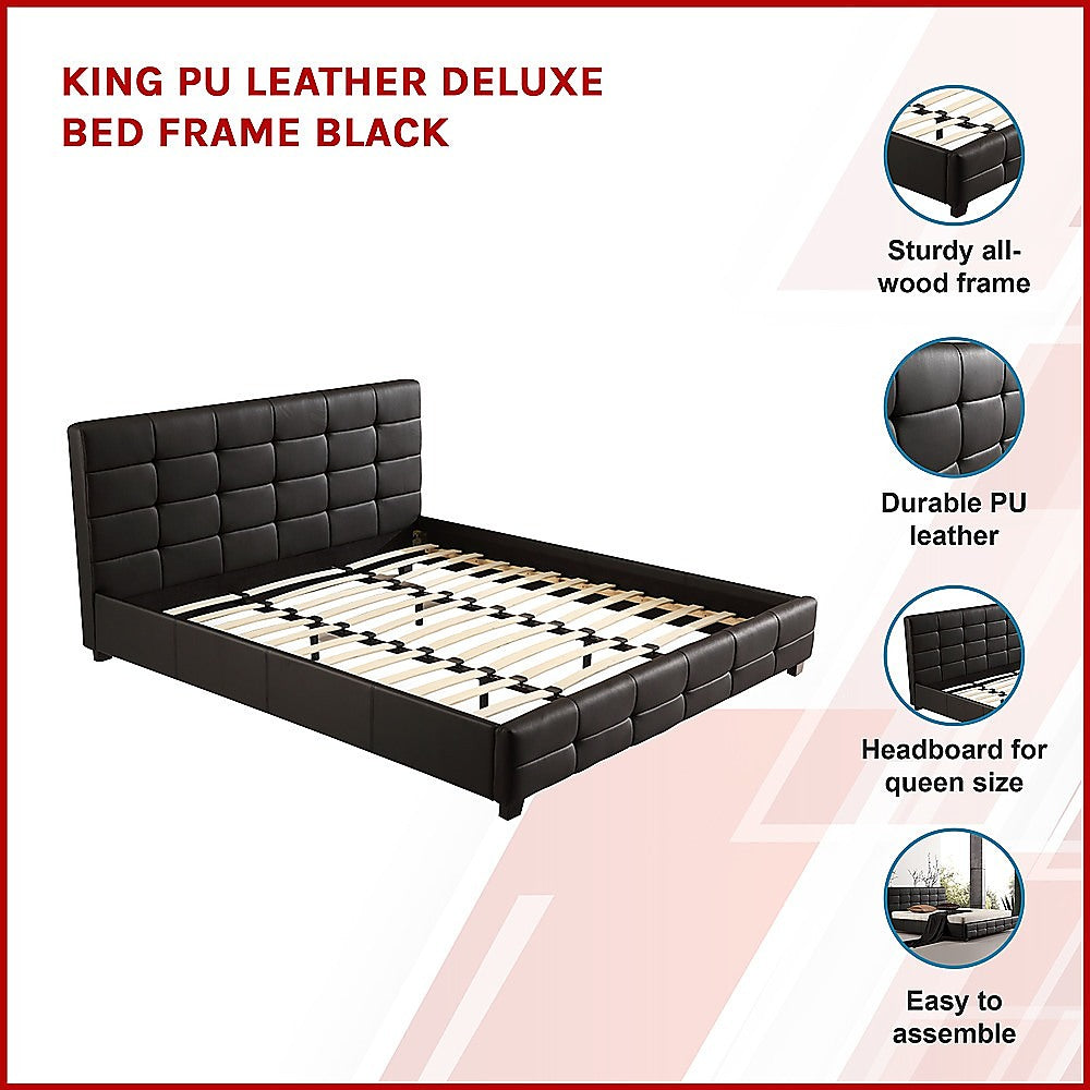 King PU Leather Deluxe Bed Frame Black - Cosy Abode