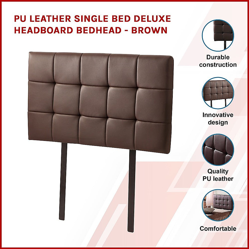 PU Leather Single Bed Deluxe Headboard Bedhead - Brown - Cosy Abode