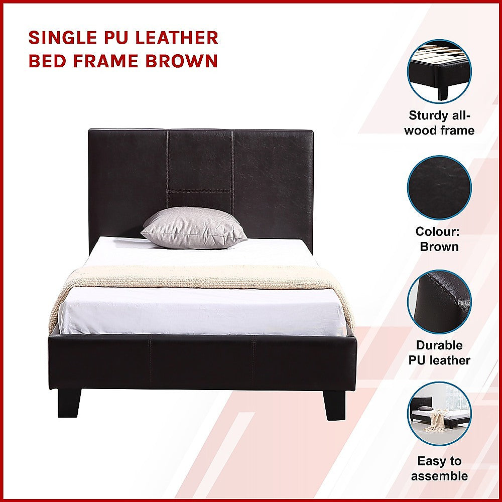 Single PU Leather Bed Frame Brown - Cosy Abode
