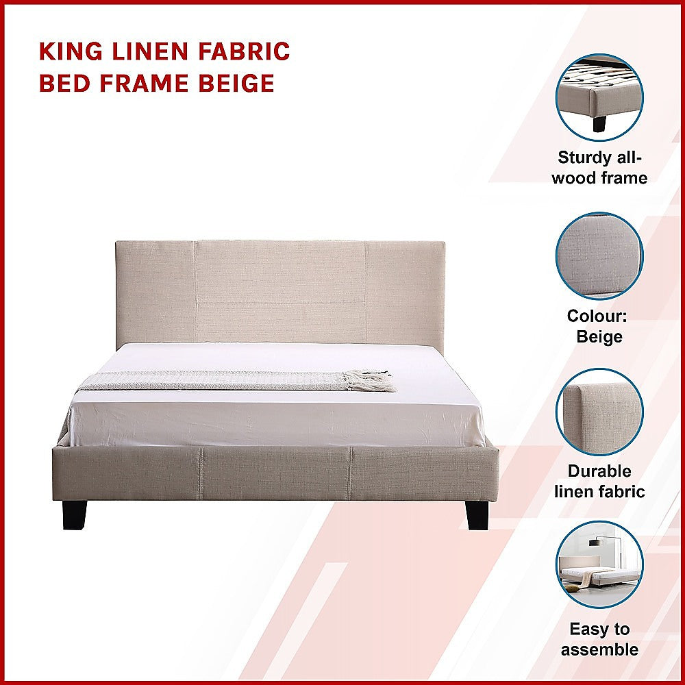 King Linen Fabric Bed Frame Beige - Cosy Abode