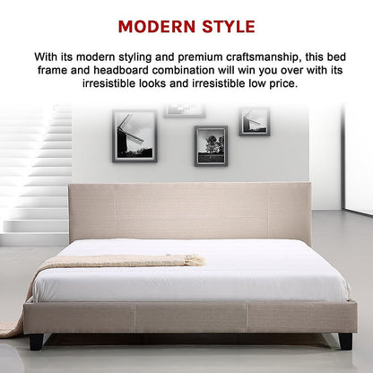 King Linen Fabric Bed Frame Beige - Cosy Abode