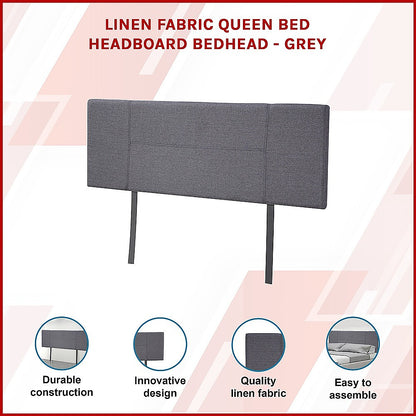 Linen Fabric Queen Bed Headboard Bedhead - Grey - Cosy Abode