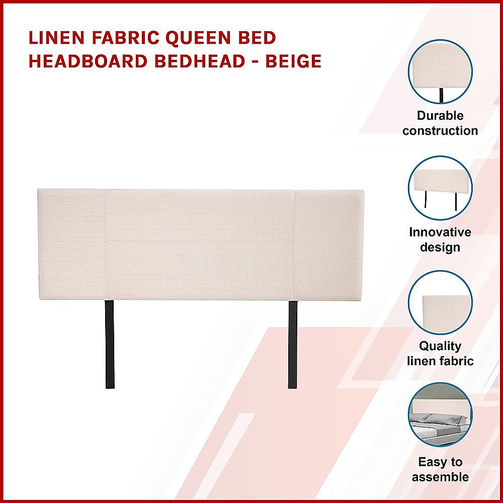 Linen Fabric Queen Bed Headboard Bedhead - Beige - Cosy Abode