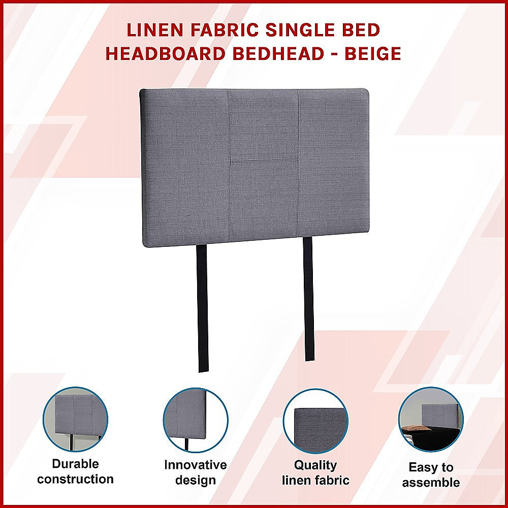 Linen Fabric Single Bed Headboard Bedhead - Grey - Cosy Abode