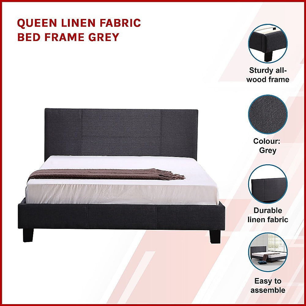 Queen Linen Fabric Bed Frame Grey - Cosy Abode