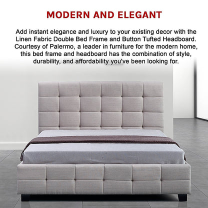 Linen Fabric Double Deluxe Bed Frame Beige - Cosy Abode