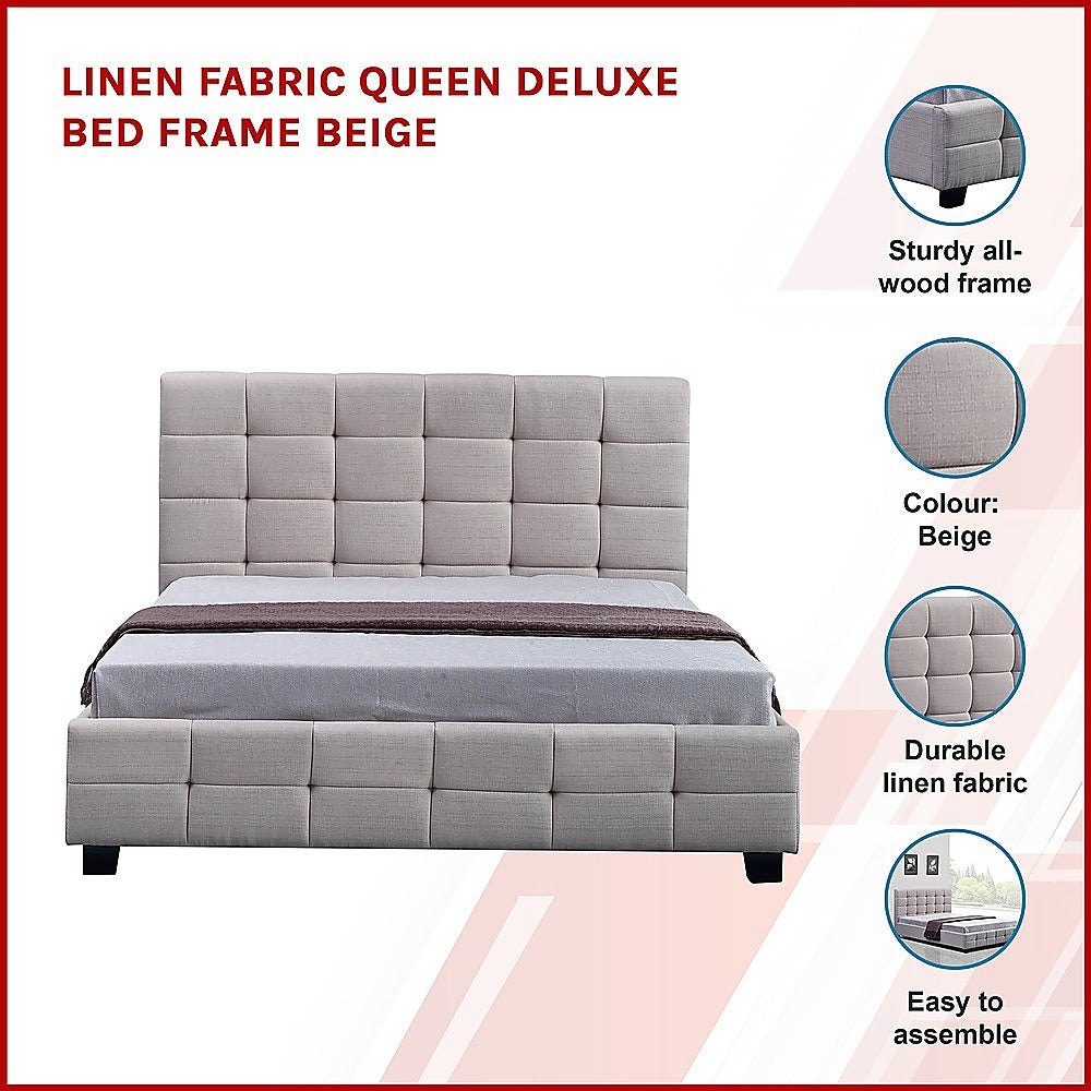 Linen Fabric Queen Deluxe Bed Frame Beige - Cosy Abode