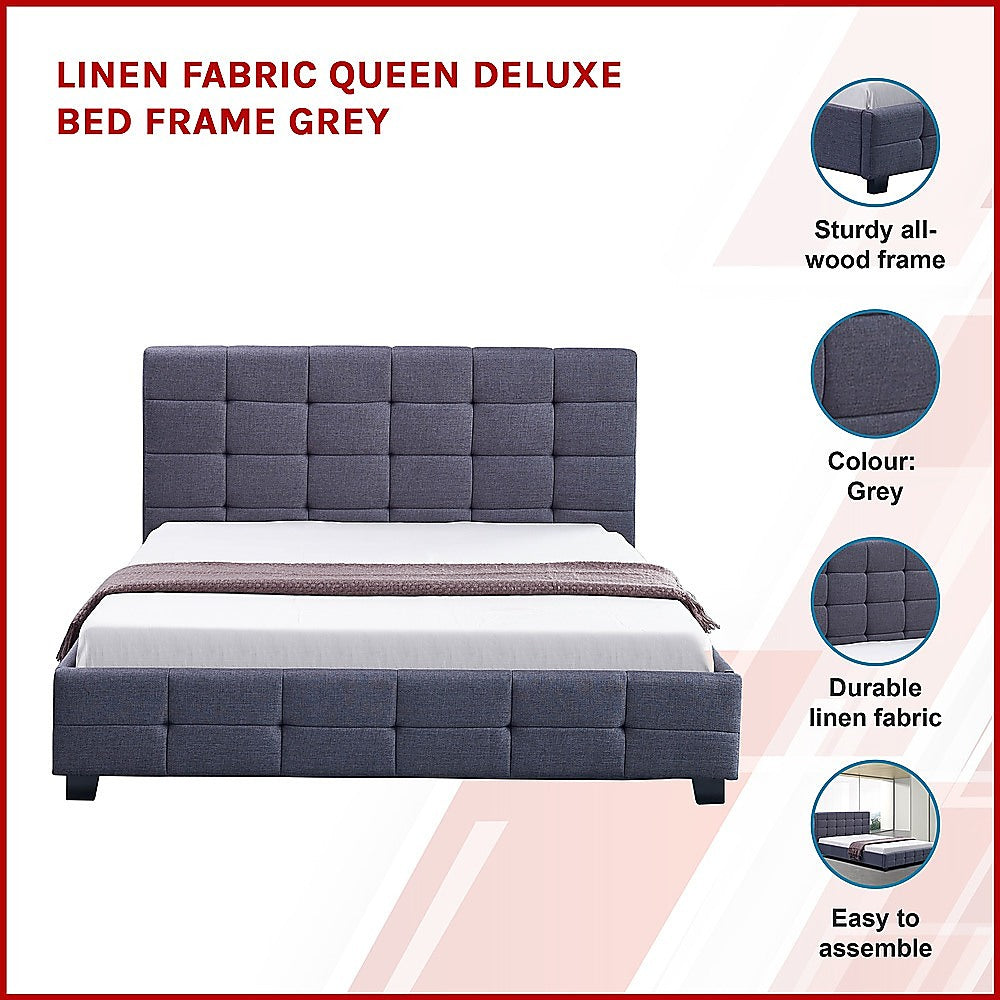 Linen Fabric Queen Deluxe Bed Frame Grey - Cosy Abode