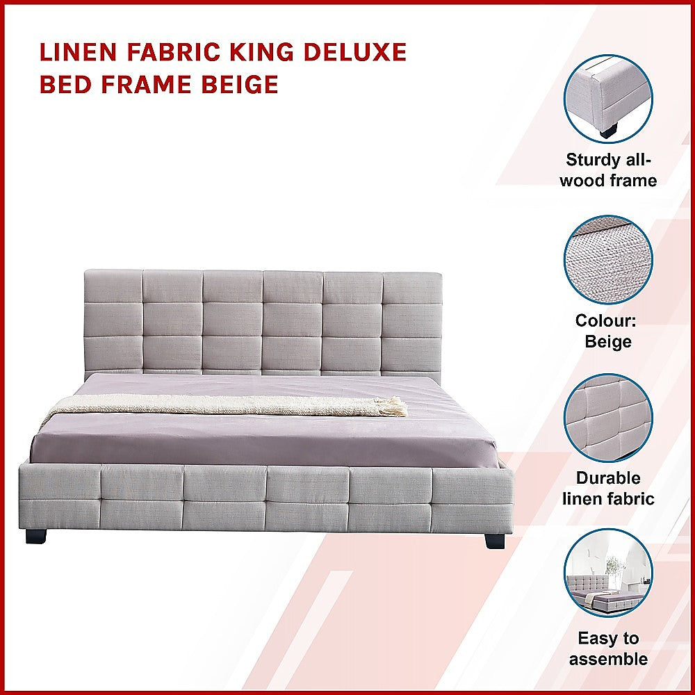 Linen Fabric King Deluxe Bed Frame Beige - Cosy Abode