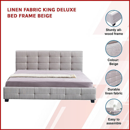 Linen Fabric King Deluxe Bed Frame Beige - Cosy Abode