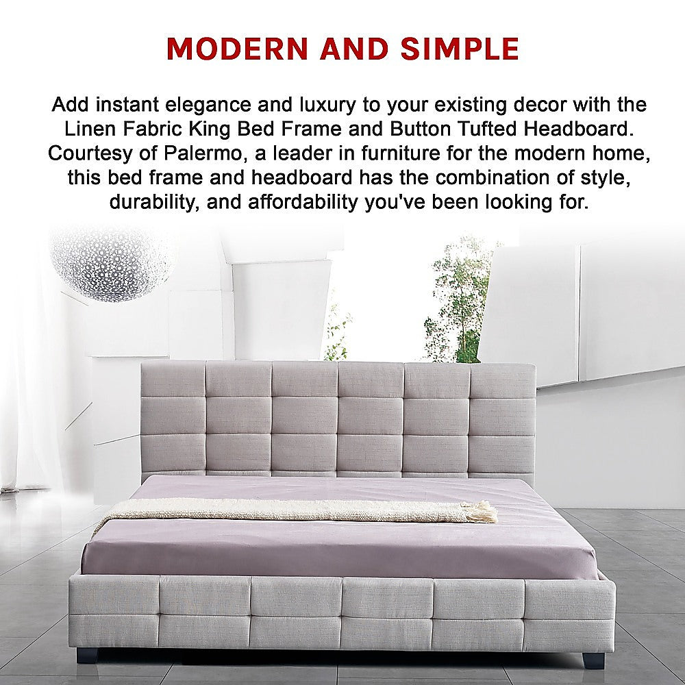 Linen Fabric King Deluxe Bed Frame Beige - Cosy Abode