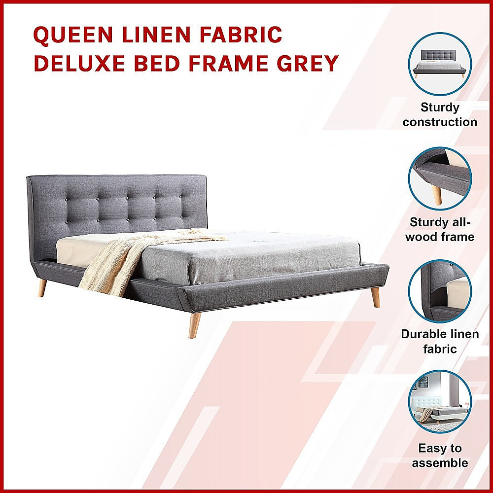 Queen Linen Fabric Deluxe Bed Frame Grey - Cosy Abode
