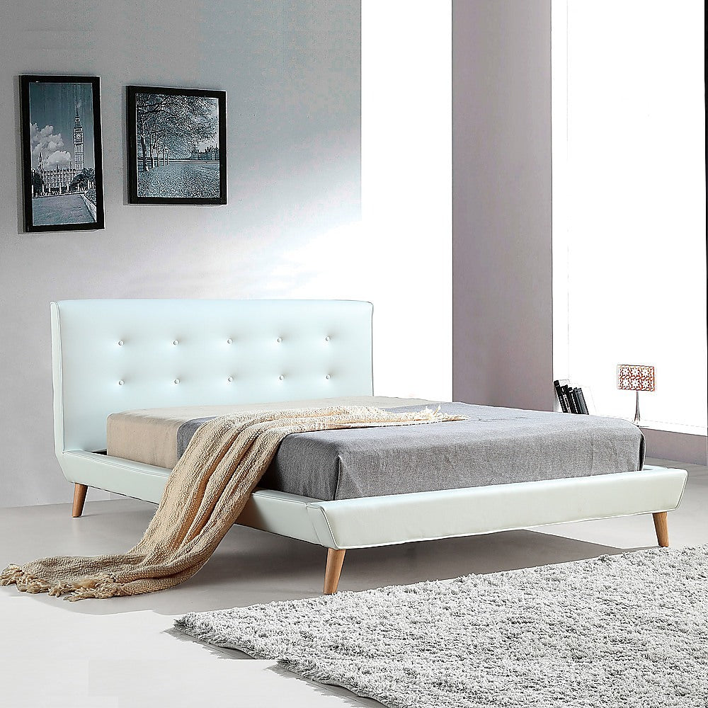 Queen PU Leather Deluxe Bed Frame White - Cosy Abode