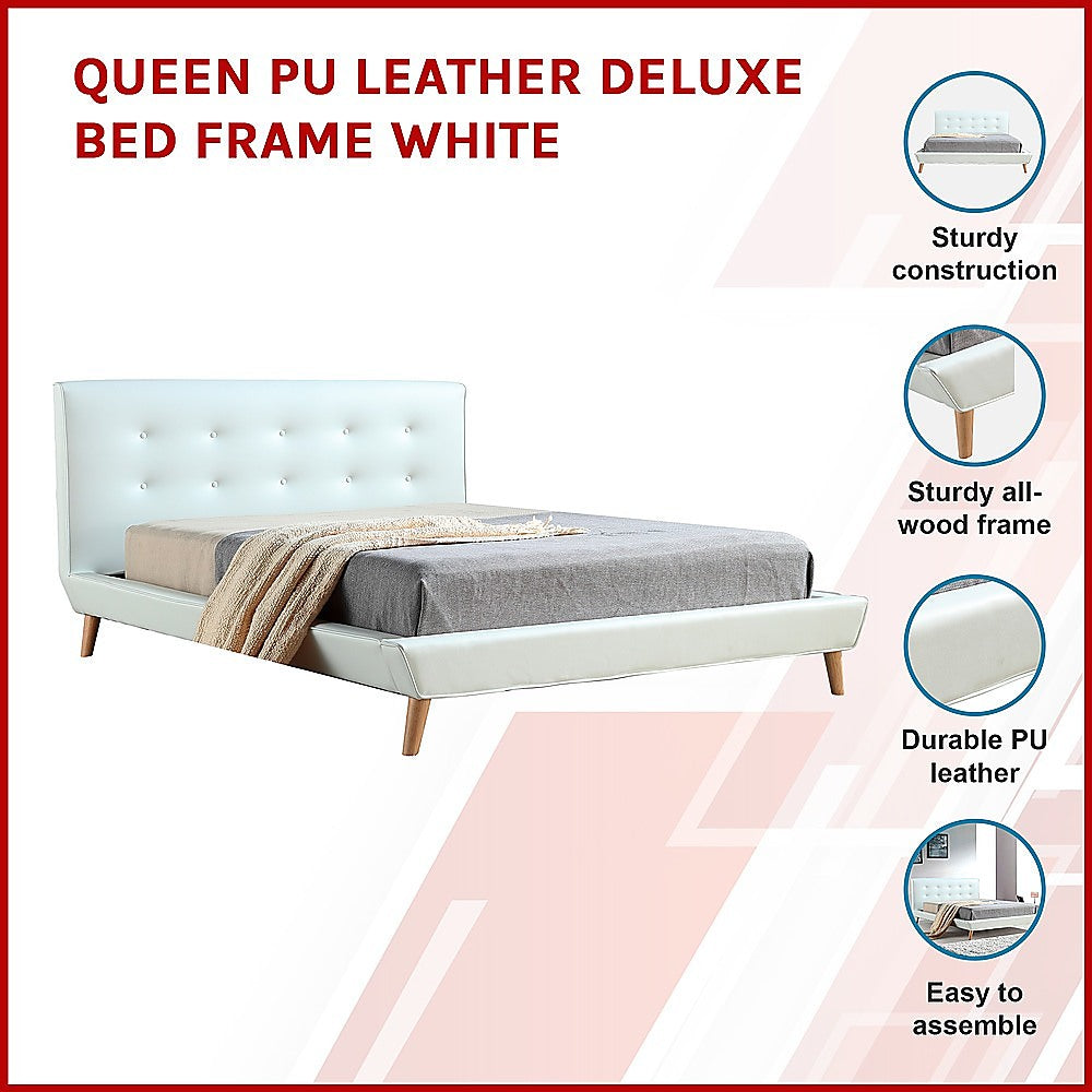 Queen PU Leather Deluxe Bed Frame White - Cosy Abode