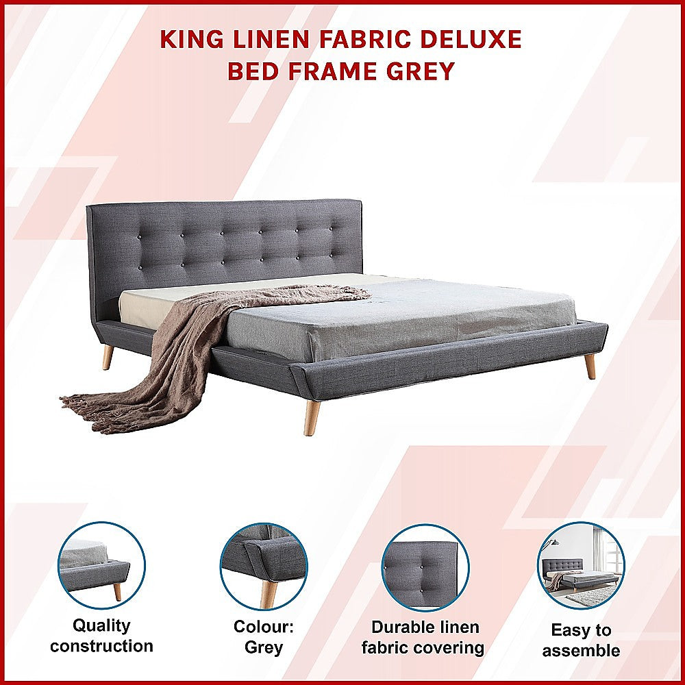 King Linen Fabric Deluxe Bed Frame Grey - Cosy Abode