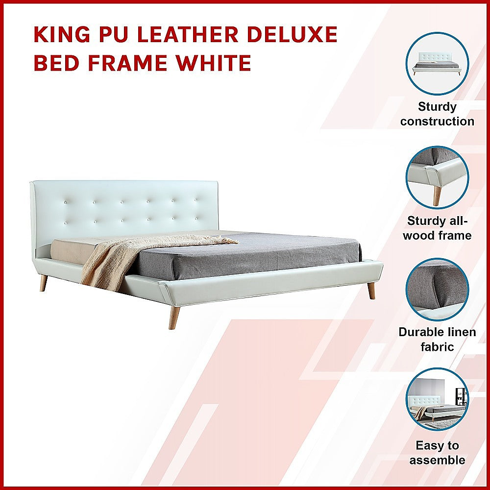 King PU Leather Deluxe Bed Frame White - Cosy Abode