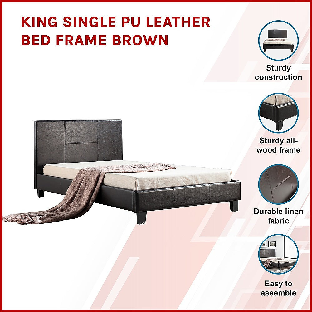 King Single PU Leather Bed Frame Brown - Cosy Abode
