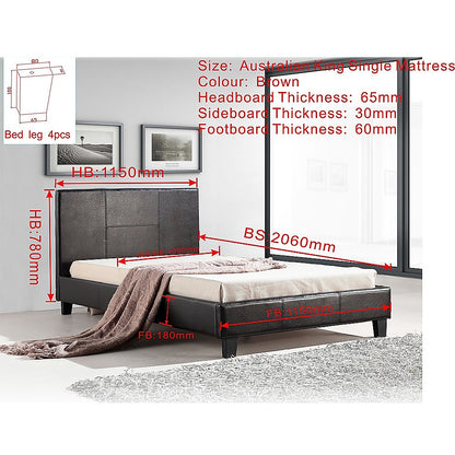 King Single PU Leather Bed Frame Brown - Cosy Abode