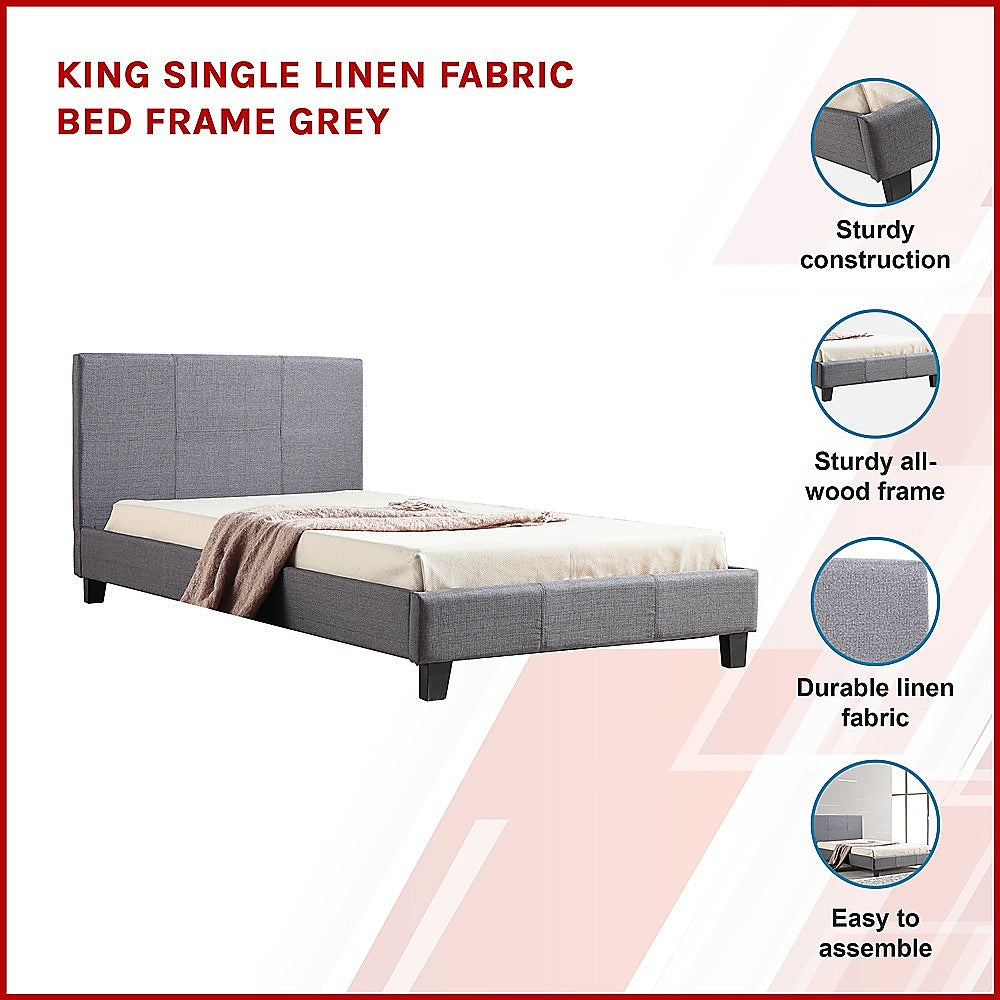 King Single Linen Fabric Bed Frame Grey - Cosy Abode