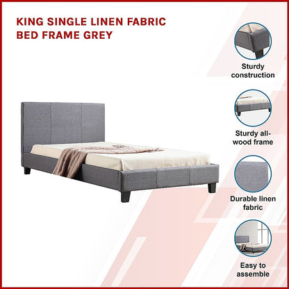King Single Linen Fabric Bed Frame Grey - Cosy Abode