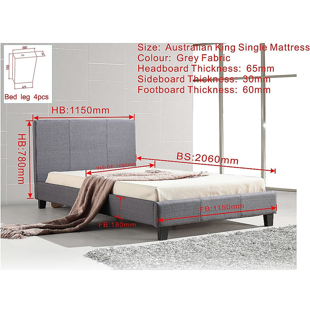 King Single Linen Fabric Bed Frame Grey - Cosy Abode